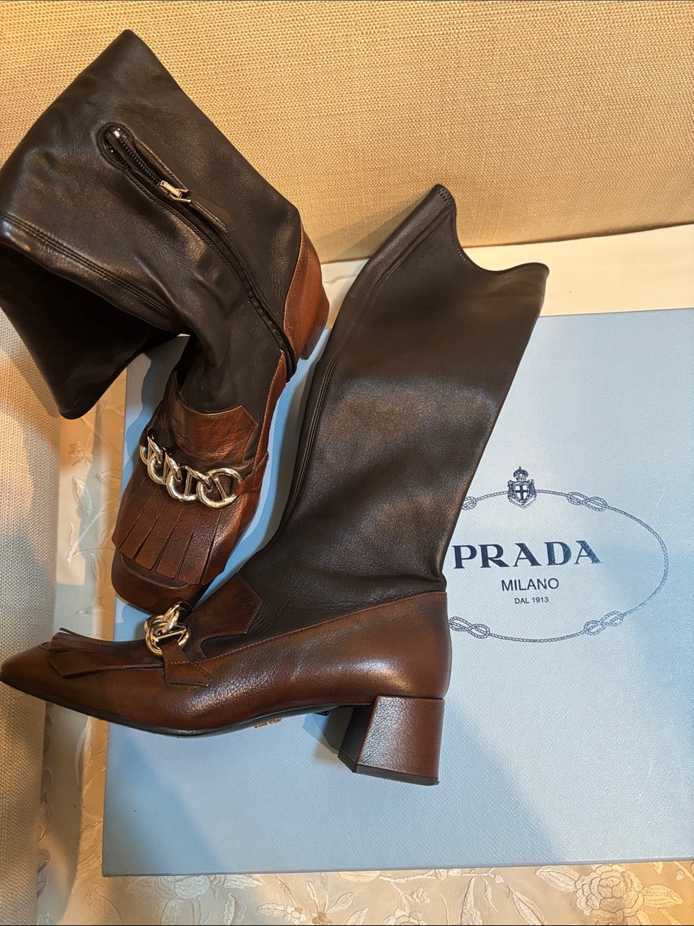 Prada Two-Tone Knee Boot with Chain Detail